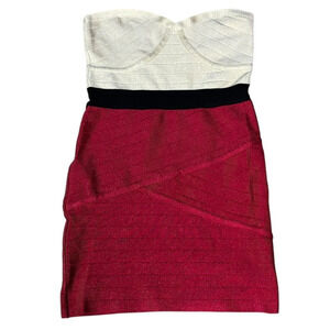 New Bebe Bandadge Dress Size XL Bodycon Red Gold Shimmer Mini Cocktail Glam Gala